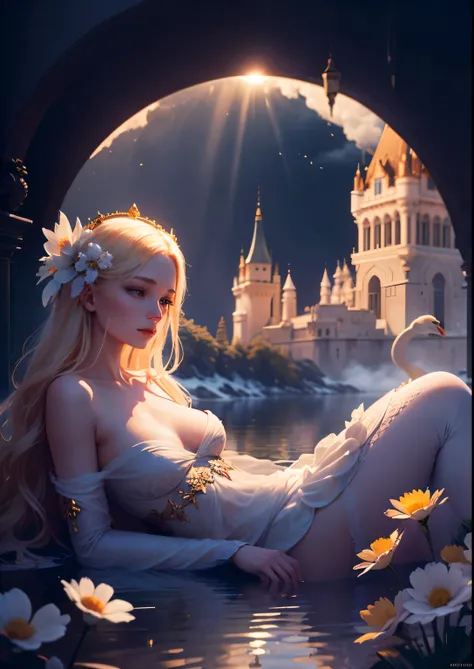 Flowers like castles from a golden spring tower over a beautiful Lady fare, in the spring of eternal youth she bathes her alabaster form to a symphony of trumpeter swans that play in the sunbeam sky of assure and cotton cloud A extreme 90 meters long shot ...