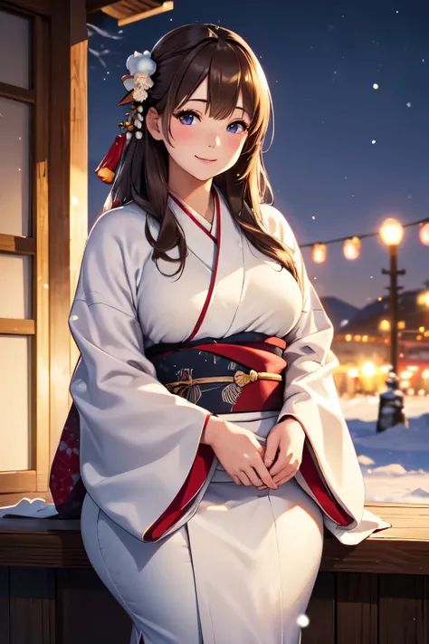 (High quality, High resolution, Fine details), Realistic, Winter Evening, Snowy Landscape, (Winter Kimono), solo, curvy women, light brown hair, sparkling eyes, (Detailed eyes:1.2), smile, blush, Oily skin, shallow depth of field