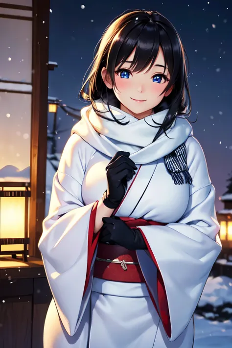 (High quality, High resolution, Fine details), Realistic, Winter Evening, Snowy Landscape, (Winter Kimono), Winter Scarves, Winter Gloves, solo, curvy women, black hair, sparkling eyes, (Detailed eyes:1.2), smile, blush, Oily skin, shallow depth of field