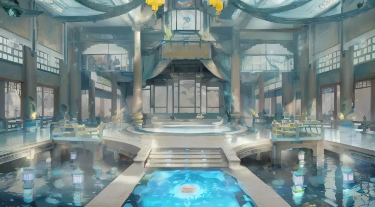 It turns out there was a big room，Has swimming pool and fountain, Beautiful renderings of the Tang Dynasty, Cyberpunk ancient Chinese castle, Relaxing concept art, A swimming pool in a huge palace, ross tran. scenery background, Anime landscape concept art...