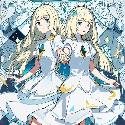 Two girls in long white dresselonde hair and blue eyes holding hands back to back,Lillie & Lusamine