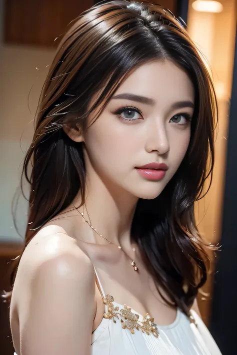 ((Ultimate Beauty))、Mature、Beautiful facial features、The eye:1.3), Detailed lips, 非常に詳細な美しいThe eye, Double eyelids, long eyeslashes、(Choppy), (Curve), Parted lips, Beautiful teeth alignment, red blush, a captivating gaze、Seductive smile, short brunette bob...