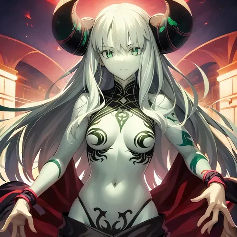 Female demon with horns green tattoos grey skin and perfect body