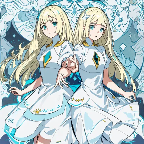 Two girls in long white dresselonde hair and blue eyes ,Lillie and Lusamine