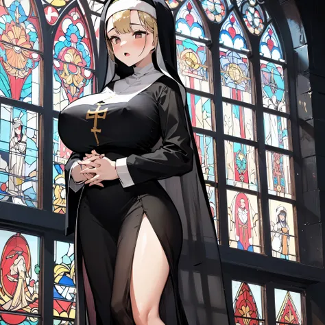 (solo 1 praying nun:1.3) standing in church, praying with holding hands together over chest, very thin, (black sheer long dress:1.5), (gigantic breasts:1.3), (bursting breasts:1.2), (black sheer long skirt:1.4), inconceivably thin waist, closing eyes, nose...