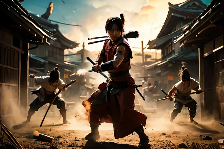 Illustrated image of a young Japanese samurai fighting alone to protect his village against hordes of bandits