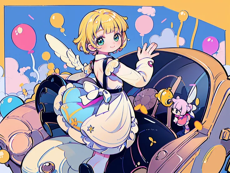 masterpiece, best quality, 1girl, balloon, blonde hair, blunt bangs, short hair, pixie cut, wave hair,
tareme, green eyes,  holding,  dress, looking at viewer, holding balloon,  wings, bangs, long sleeves, apron, smile,