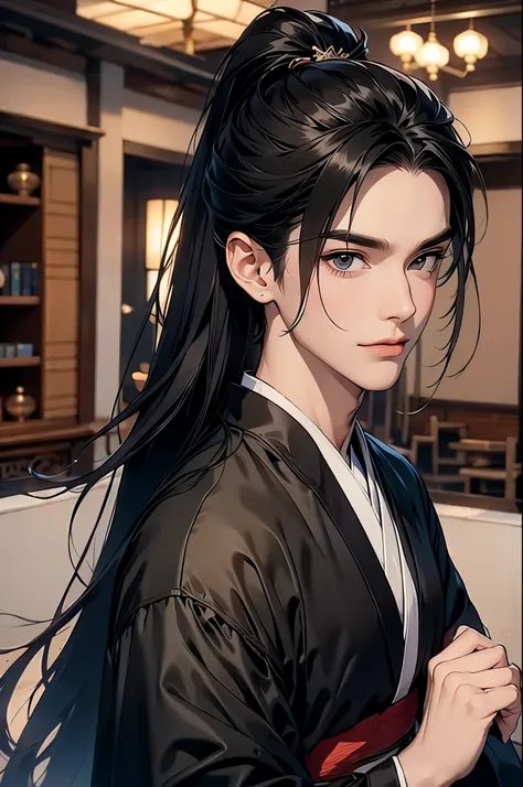 Best quality at best,A high resolution,The image is clear:1.2，A man in a black Hanfu，ssmile，Long black hair and high ponytail，中式风格inside in room装修，inside in room，luxurious furniture，Chinese royalty，