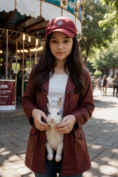 Little girl in a red coat with a cap in a park among the trees  ,next to the carousel,holding a white fluffy hare in his hands