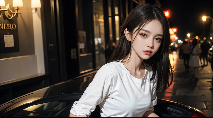 quality, tmasterpiece, Super high-quality: 1.4), RAW photogr, (Evening Street), 1 girl, 黑The eye, looking at viewert, long whitr hair, light make-up, cparted lips, tiny ears, whitet-shirt, denim short, 耳Nipple Ring, Ride a Ferrari,, Slim, Neat, parks