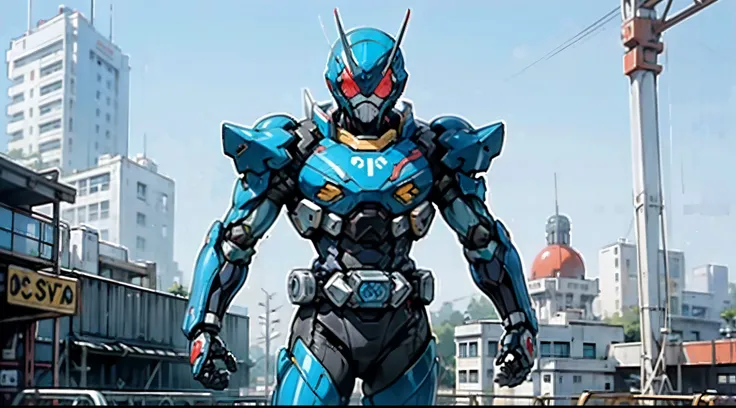 A super  a high-tech biotech battle suit, standing on a rooftop, looking over the city, Japanese tokusatsu and American comic style, biometallic texture of the suit, sleek and shiny, dynamic, fast, natural light, cinematic, high quality, high resolution, h...