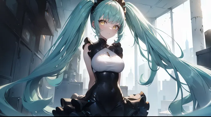 ((((obra maestra, la mejor calidad, ultrahigh resolution)))), 1girl, standing, (cute maid costume), ((long aqua hair, aqua hair ...