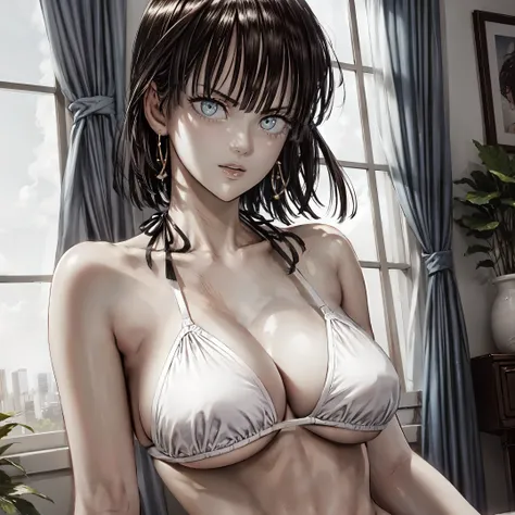 (masterpiece), best quality, expressive eyes, perfect face, solo Fubuki from one punch man  In fancy colorful bikini lingerie with strips 30 year old women seductive body big breasts big thigs facing towards screen  long hairs scar on chest parted lips Loc...