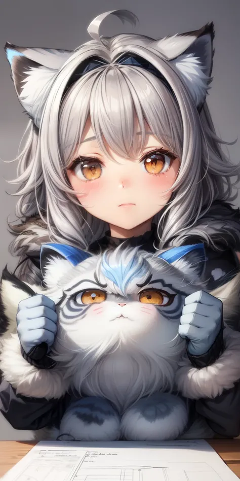 (sketch drawing), (old art style), (1girl), (blushing cheeks), (pallass cat ears), (gray hair), (thick fluffy hair), (medium hair), (thick gray fur pallass cat coat) , ((cold)), (long sleeves)