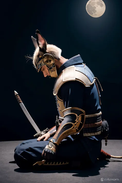 Caracal con una armadura de samurai, He is alone on a stage with the blue moon while he is with his head bowed thinking and the view we have of him is from the side.