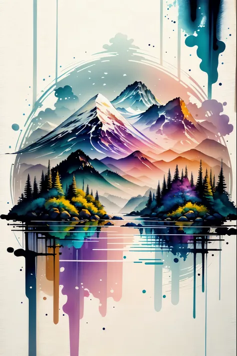 white background, scenery, watercolor, mountains, water, trees, colorful,