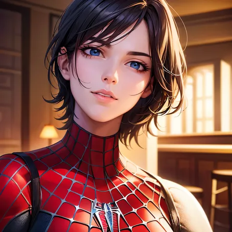 masterpiece, best quality, realistic, ultra detailed, sfw, head shot, a portrait of spider-man in a bar