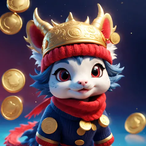 Plush toy design，（Close up of cute furry smiling little zodiac dragon wearing woolen hat throwing gold coins），（Close one eye）（Gold coins flying），looks like barbie doll，Gorgeous stylish winter fashion sweaters and scarves，Ethereal，Dark navy blue and fiery r...