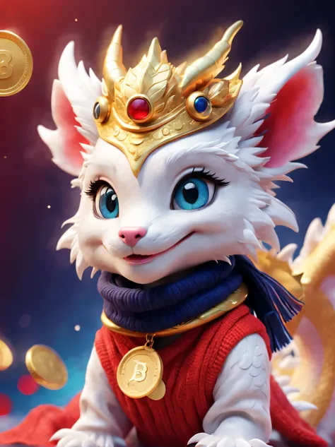 Plush toy design，（Close up of cute furry smiling little zodiac dragon wearing hat throwing gold coins），（Close one eye）（Gold coins flying），looks like barbie doll，Gorgeous stylish winter fashion sweaters and scarves，Ethereal，Dark navy blue and fiery red back...