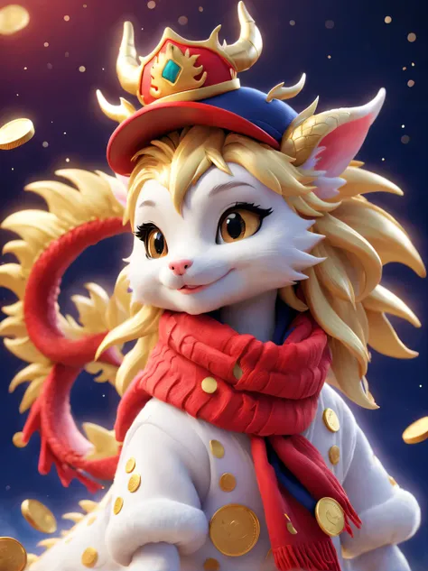 Plush toy design，（Close up of cute furry smiling little zodiac dragon wearing hat throwing gold coins），（Close one eye）（Gold coins flying），looks like barbie doll，Gorgeous stylish winter fashion sweaters and scarves，Ethereal，Dark navy blue and fiery red back...