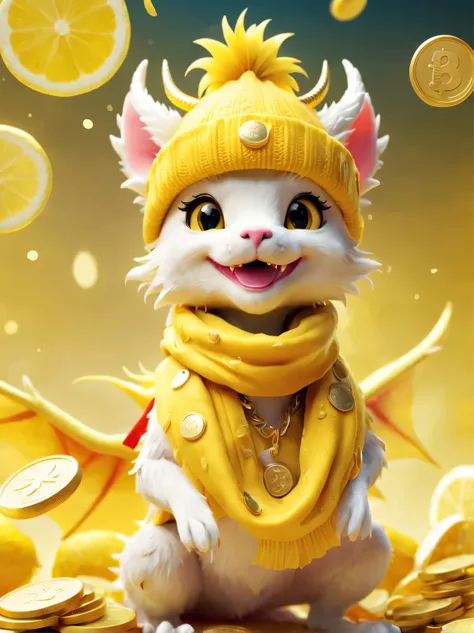 Plush toy design，（Close up of cute furry smiling little zodiac dragon wearing hat throwing gold coins），（Close one eye）（Gold coins flying），looks like barbie doll，Gorgeous stylish winter fashion sweaters and scarves，Ethereal，Lemon yellow lemon and red hot br...