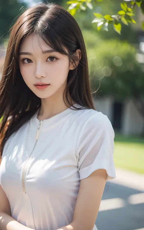 upperbody shot、front-facing view、a Japanese young pretty woman、16 yo, Gentle face、hyper cute face、shiny lips、Double eyelids in both eyes、Natural makeup, Smile, long eyelashes are bright, Bob Hair Tweeny Smooth Light Brown Hair、Hair swaying in the wind, asy...