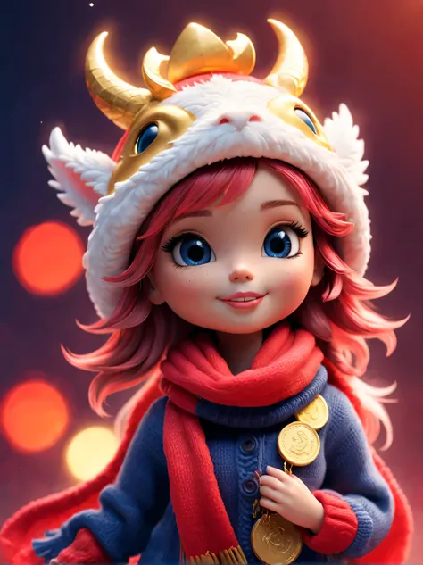 Plush toy design，（Cute furry smiling little zodiac dragon，Close one eye，wearing a woolen hat，Throwing gold coins in close-up action），（Gold coins flying），looks like barbie doll，Gorgeous stylish winter fashion sweaters and scarves，Ethereal，Dark navy blue and...