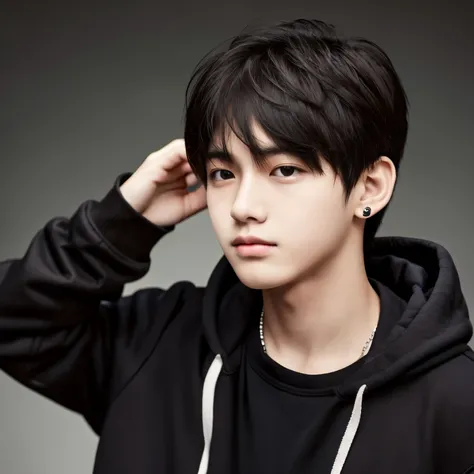 16 year old boy（gloomy、proud），With short black hair，dark brown eyes，Black hoodie，Ear studs，PC，unparalleled masterpiece ever，Very high quality。