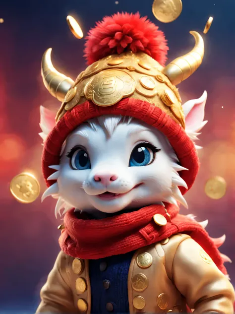 plush toy design，（，cute furry smiling little zodiac dragon，close one eye），wearing a woolen hat，（throw gold coins），（gold coins fl...