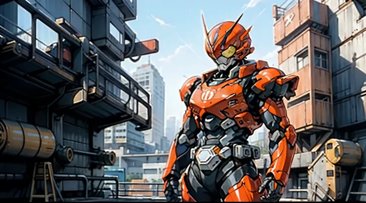 A super  a high-tech biotech battle suit, standing on a rooftop, looking over the city, Japanese tokusatsu and American comic style, biometallic texture of the suit, sleek and shiny, dynamic, fast, natural light, cinematic, high quality, high resolution, h...