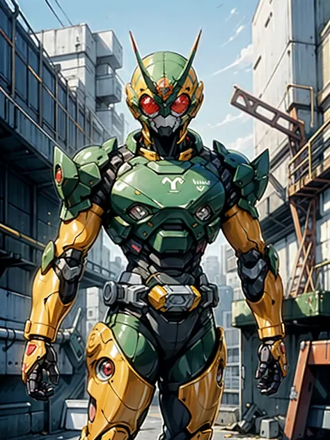 A super  a high-tech biotech battle suit, standing on a rooftop, looking over the city, Japanese tokusatsu and American comic style, biometallic texture of the suit, sleek and shiny, dynamic, fast, natural light, cinematic, high quality, high resolution, h...