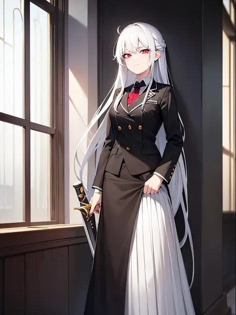 Female, white skin, academy uniform, white undershirt, black suit top, gold details, long black skirt, standing down position, white hair, red eyes, serious look, dream spell, 1girl, black long socks, black shoes, long skirt, smirk on face, small silver fl...