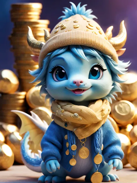 plush toy design，（naughty cute furry smiling little zodiac dragon，close one eye，），wearing a woolen hat，（lots and lots of gold co...