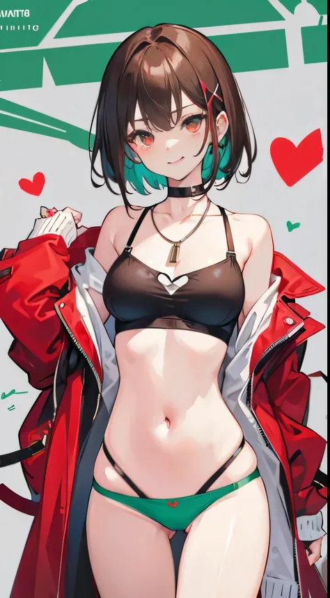 X-rated，Under the legend，Chara，Teenage girl，Red-eyed，ssmile，sexy for，green color，Chest leak，short crop top，hot pant，Stalling&#39;s gull body standing painting，lacivious pose，with short brown hair，The face is red，Underwear model，lust，Hand repair，the detail，...