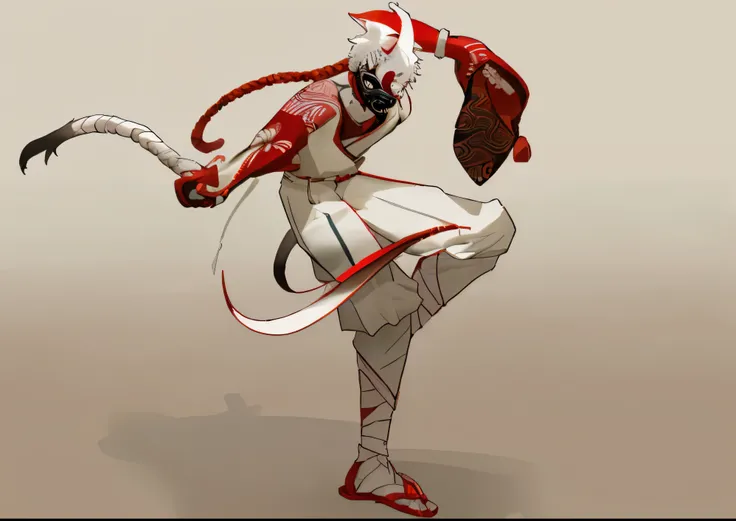 a guy wearing japanese tradisional clothes, wearing mask, have a horn, have a tail