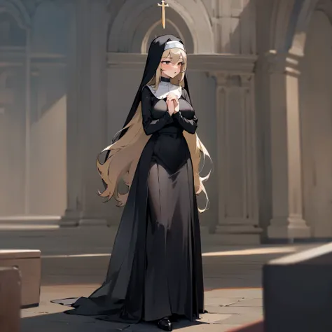 (solo 1 praying nun:1.3) standing in church, praying with holding hands together over chest, very thin, (black sheer long dress:...