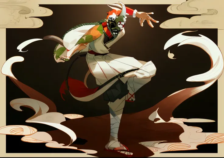 a guy wearing japanese tradisional clothes, wearing mask, have a horn, have a tail