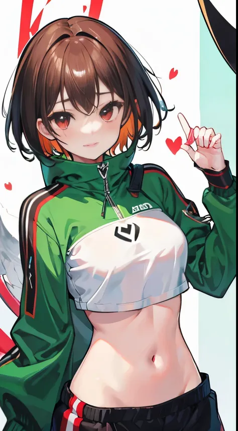 X-rated，Under the legend，Chara，Teenage girl，Red-eyed，ssmile，sexy for，green color，Chest leak，short crop top，hot pant，Stalling&#39;s gull body standing painting，lacivious pose，with short brown hair，The face is red，Underwear model，lust，Hand repair，the detail，...