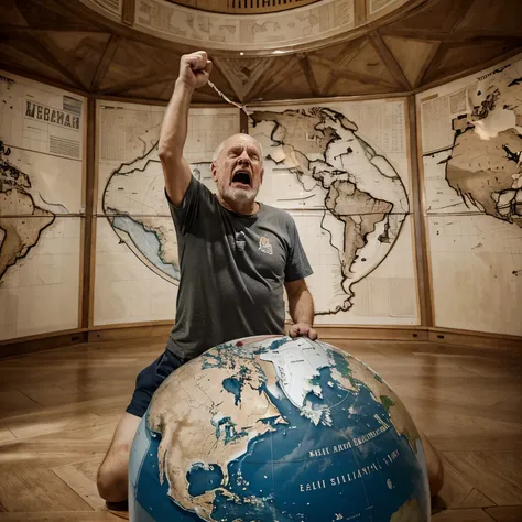 Angry old white man yelling and screaming and crying at a globe because he thinks the earth is flat,  very frustrated, wishes he was right, surrounded by maps, crying like a snowflake liberal crybaby, shaking his fists in the sir asking God "why?"