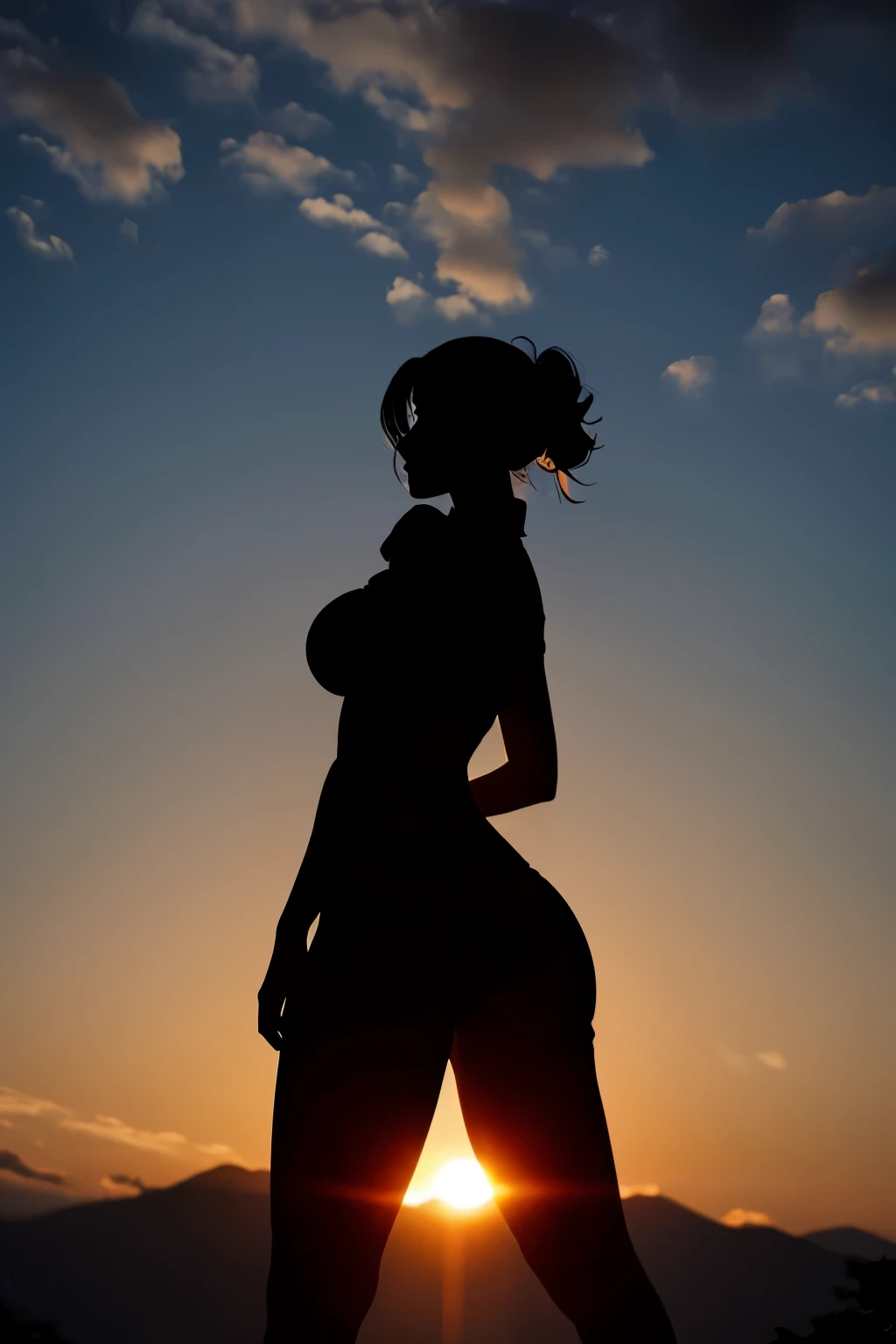 (Silhouette:1.5) , Japanese goddess, gigantic breasts, huge butt, back lighting