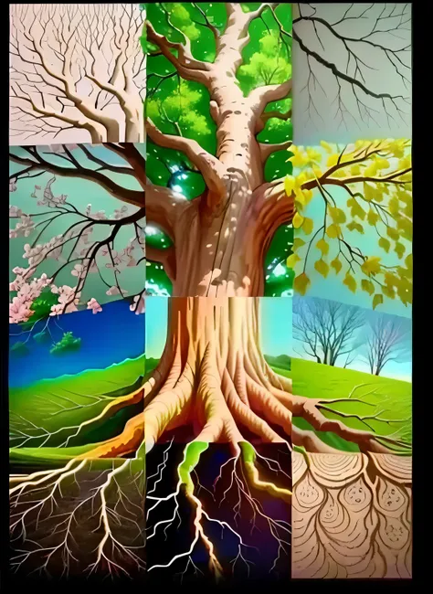 A big tree consists of 12 pictures，Each picture is a different part of the tree，In the middle is the trunk，The roots of the big tree are composed of pictures in different styles