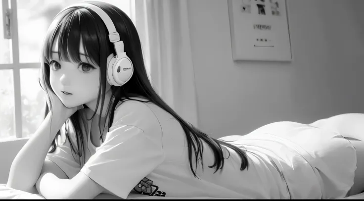 (A very delicate and beautiful woman is having fun wearing white headphones.、The background is colorful CANDY and Melody wallpaper in the room.、Americana、Slightly narrow angle of view、sideways Facing、The clothes I&#39;m wearing are T-shirts、Sit with your k...