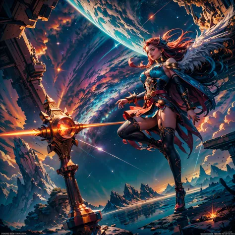 Galaxy nebulae stars nebula sunset spacious sunrise panoramic sunshine masterpiece red dragon sitting on a massive rock deep path equirectangular_360 Lava, holding a hammer (strike hot anvil from a hammer: 1.5) (best details, Masterpiece, best quality :1.5...