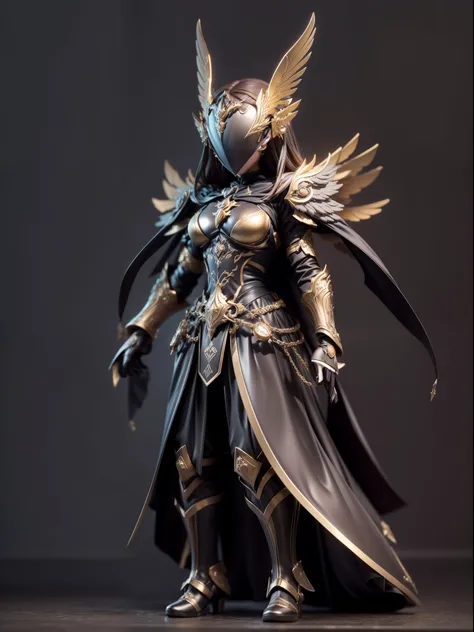 (Blind box toy style:1.2), (Full body shot) , 1 Mechanical Angel ,anatomy correct，Black-gray metal winglack-gray armor, hooding:1.2, Solo，(circular base:1.2）， Baroque style, dreamy glow, Clean, Brown undertone, Battle damage style:1.2,Black gold style ( Cl...