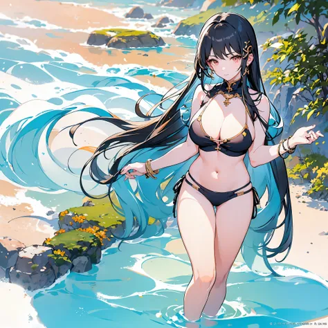 anime girl in bikini of standing on a beach with a surfboard, bikini of + tattered military gear, Kantai Collection Style, from girls frontline, Fine details. girls frontline, official artwork, cushart krenz key art feminine, high detailed official artwork...