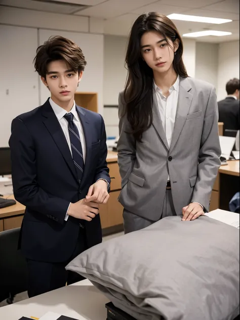 boy, 19y.o, comma hair, suit, office