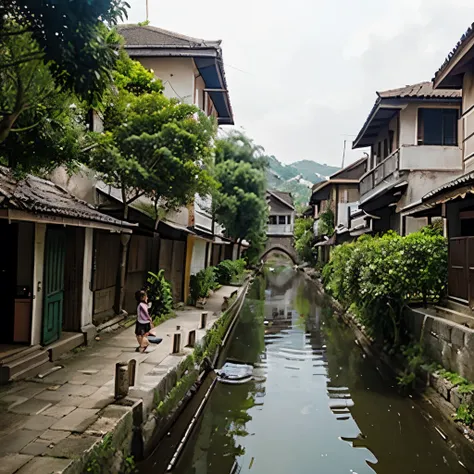 Lonely lane, malay village, river, trees, kids playing