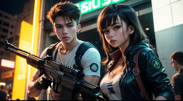 attractive girl and boy,with guns, "text in neon sign Sinn3rFB " , in action,