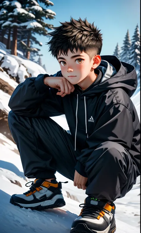 a boy wearing clothes on a snow-covered slope, hyper-realism, highly detailed background, 8k uhd, digital slr, soft lighting, hi...