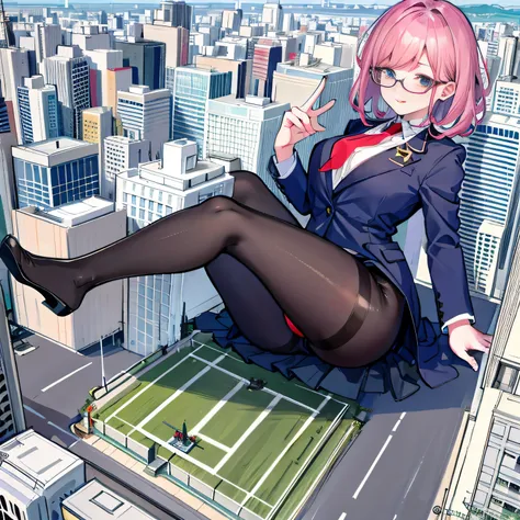 Multiple girls, der riese art, a hyperrealistic schoolgirl, 非常に詳細なder rieseショット, der riese, Shorthair, a huge high school girl、&#39;It&#39;s much bigger than a skyscraper, Wearing rimless glasses, Colossal tits, Big ass, Navy blue blazer, Red tie, Mini Len...